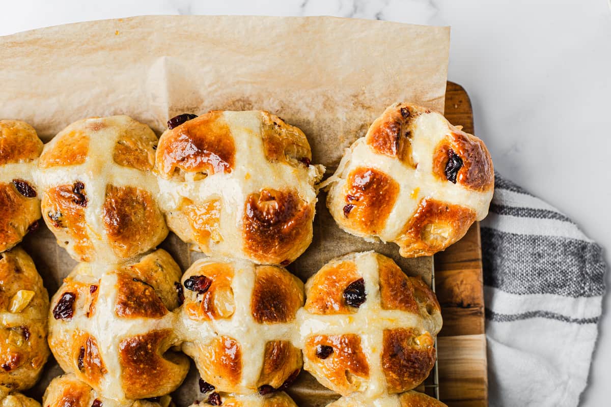 overhead shot of buns with baked-on crosses