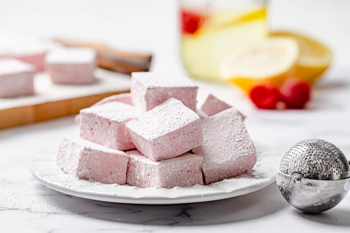 raspberry marshmallows on a plate close up