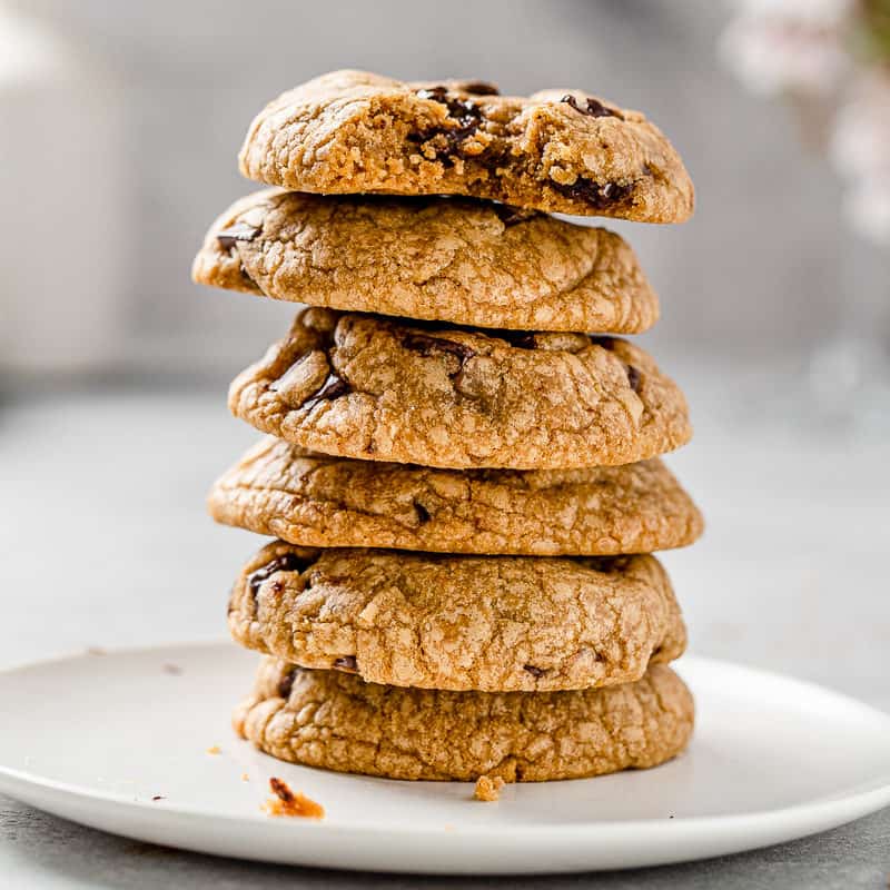 tall stack of chocolate chunk cookies