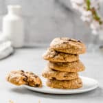 Stack of brown butter chocolate chunk cookies on a plate