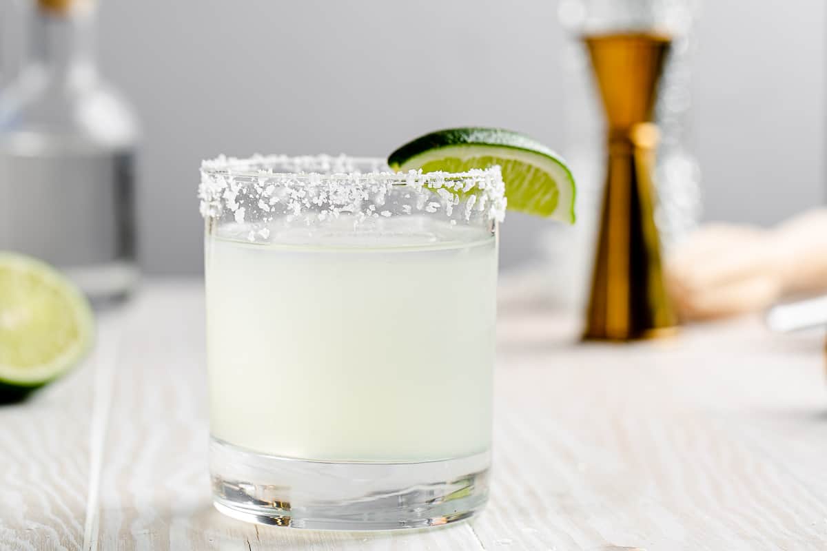 close up of classic margarita with lime wedge