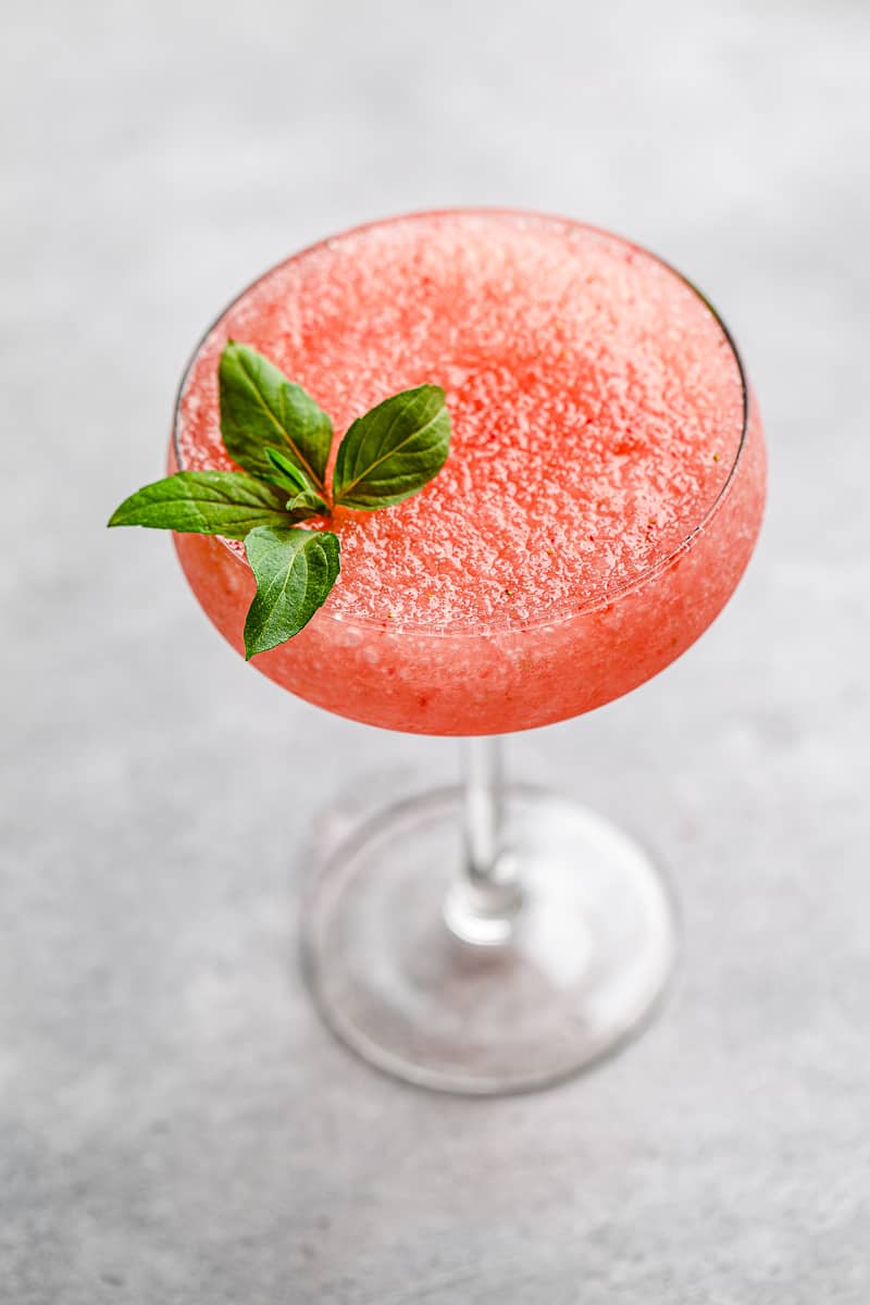 overhead view of frozen strawberry vodka cocktail