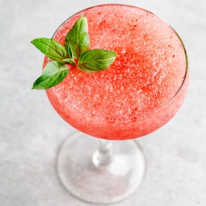overhead view of frozen strawberry vodka cocktail