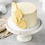 top view of the lemon layer cake on a cake stand