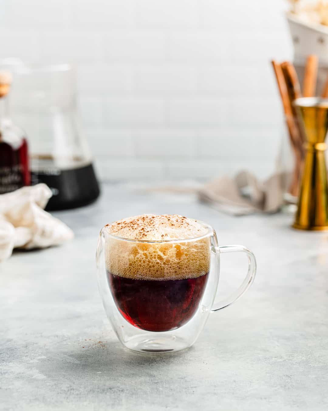 coffee whiskey cocktail in a small glass mug