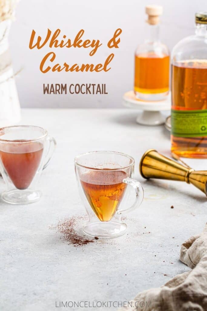 text at the top saying "Whiskey & Caramel warm cocktail" and a pair of cocktails is on the table