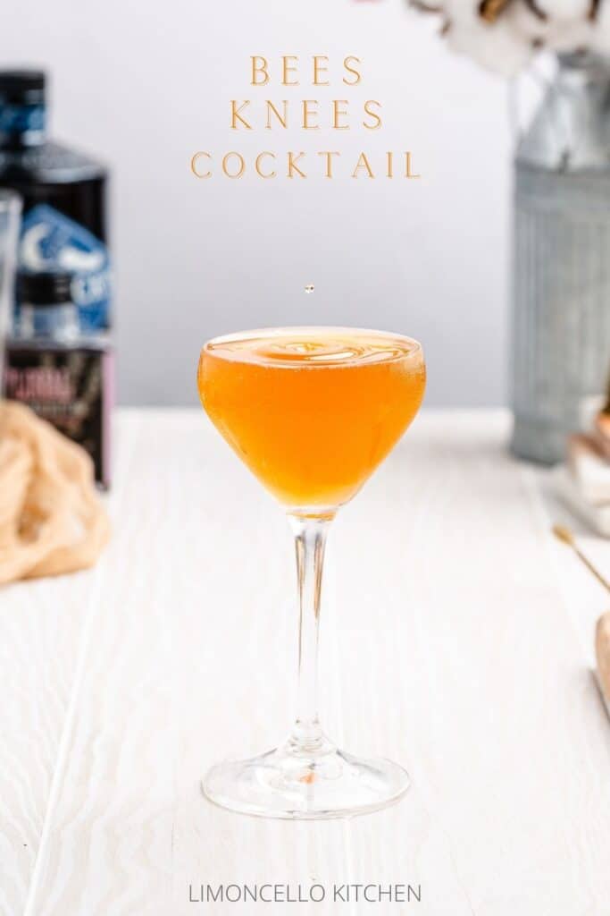 side view of bees knees cocktail with text on top showing the name