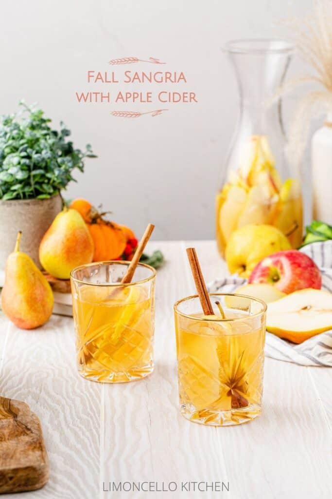 fall sangria with apple cider in two glasses with cinnamon sticks and fruit around them