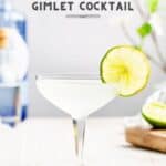 side view of gimlet cocktail with name of the drink in text on top and gin and lime in the background