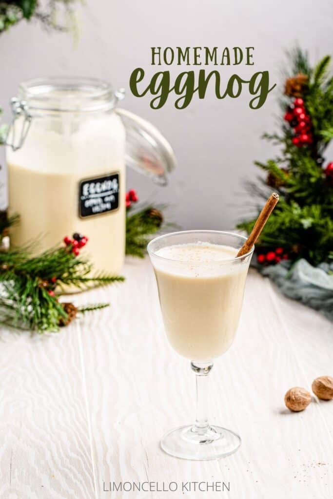 eggnog in a glass goblet with the text "homemade eggnog" and Christmas decor