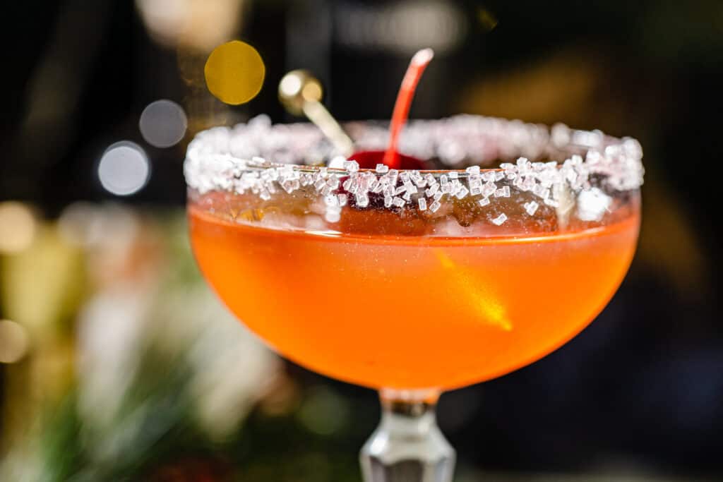 close up of the cocktail with sparkling sugar rim