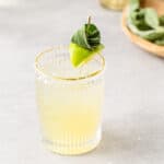 Close up of sage margarita cocktail with a lime and sage garnish.