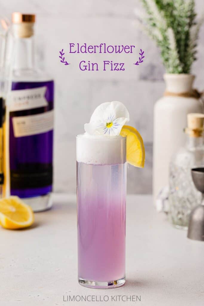 Side view of Elderflower Gin fizz with purple colored gin and a pansy flower on top with the text “Elderflower Gin Fizz”.
