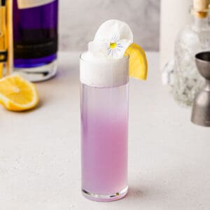 Side view of an Elderflower Gin Fizz with purple gin and a foamy layer on top.