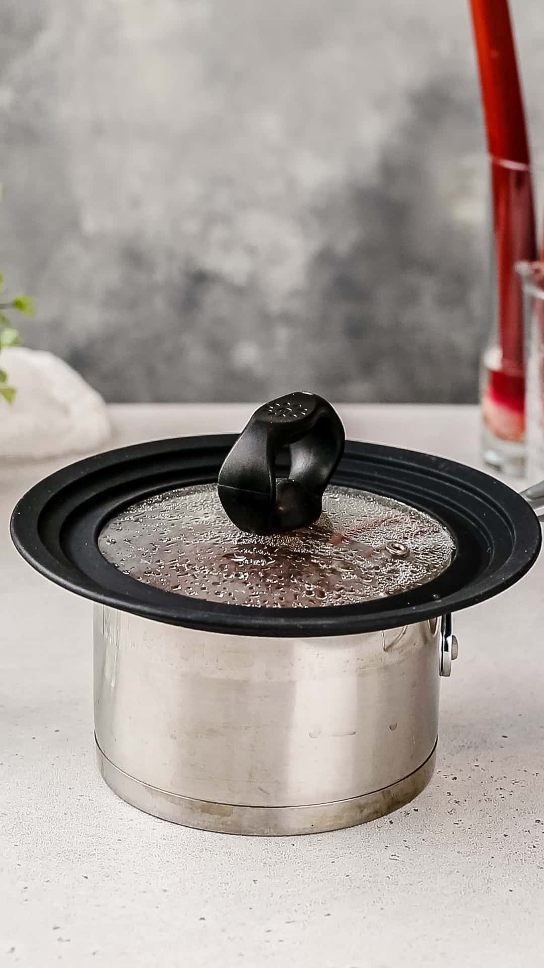 Metal saucepan with a lid on a countertop.