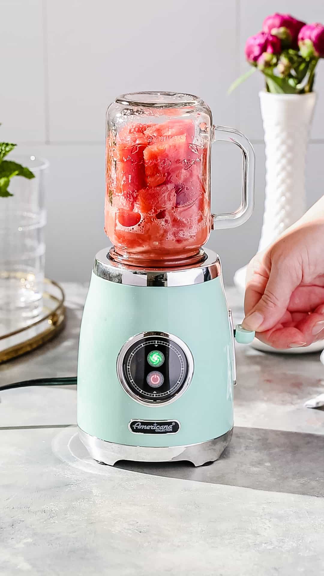 Using a personal sized blender to puree watermelon chunks.