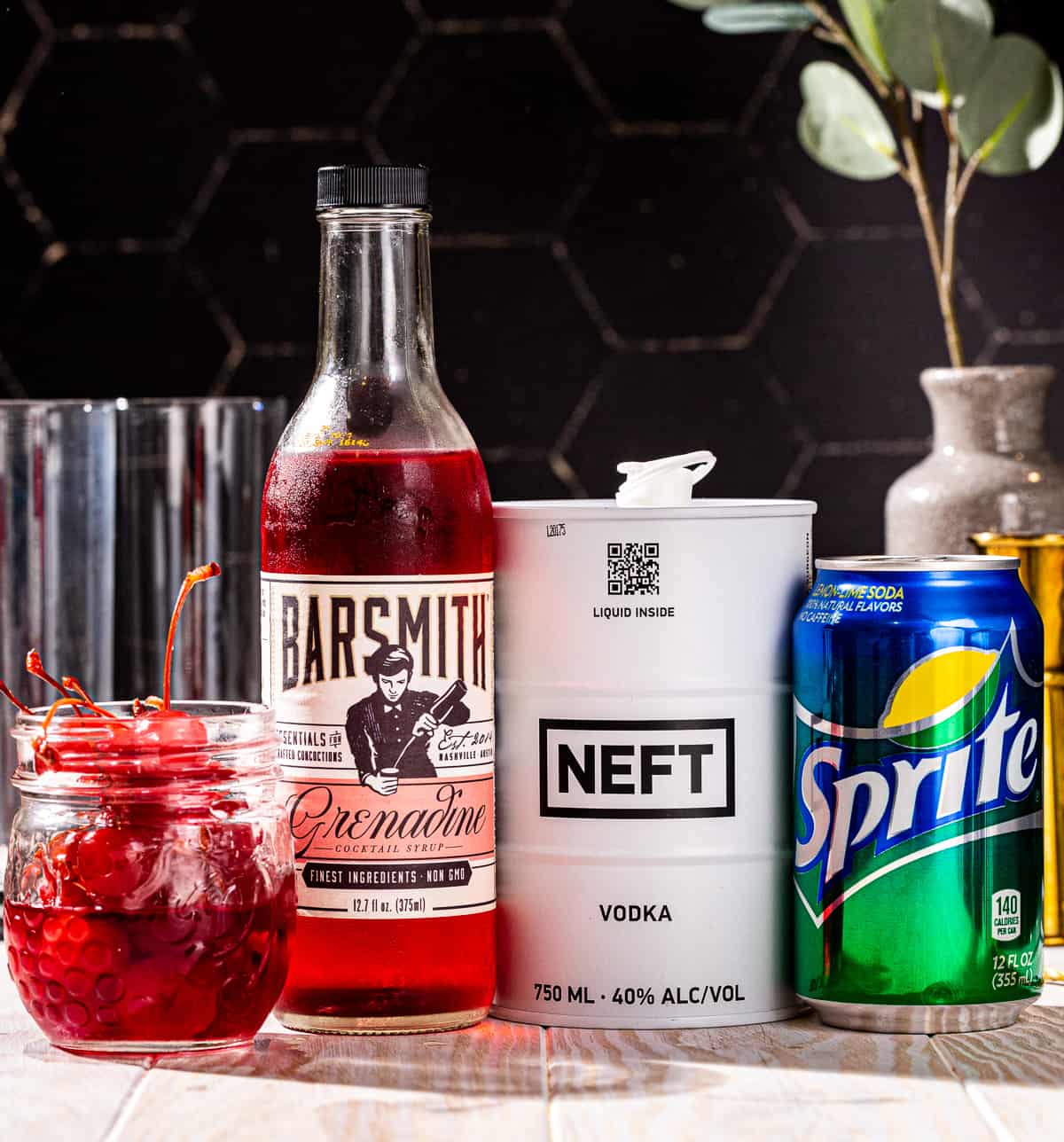 Ingredients for a Dirty Shirley cocktail together on a countertop