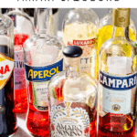 Group of amaro bottles with text overlay saying "Amari liqueurs".