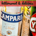 Close up of Campari and some other amari with text overlay saying "Everything you need to know about amari liqueurs - bittersweet & delicious".
