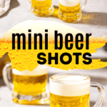 Top and side views of mini beer shots in tiny glass beer mug-shaped shot glasses on a countertop.