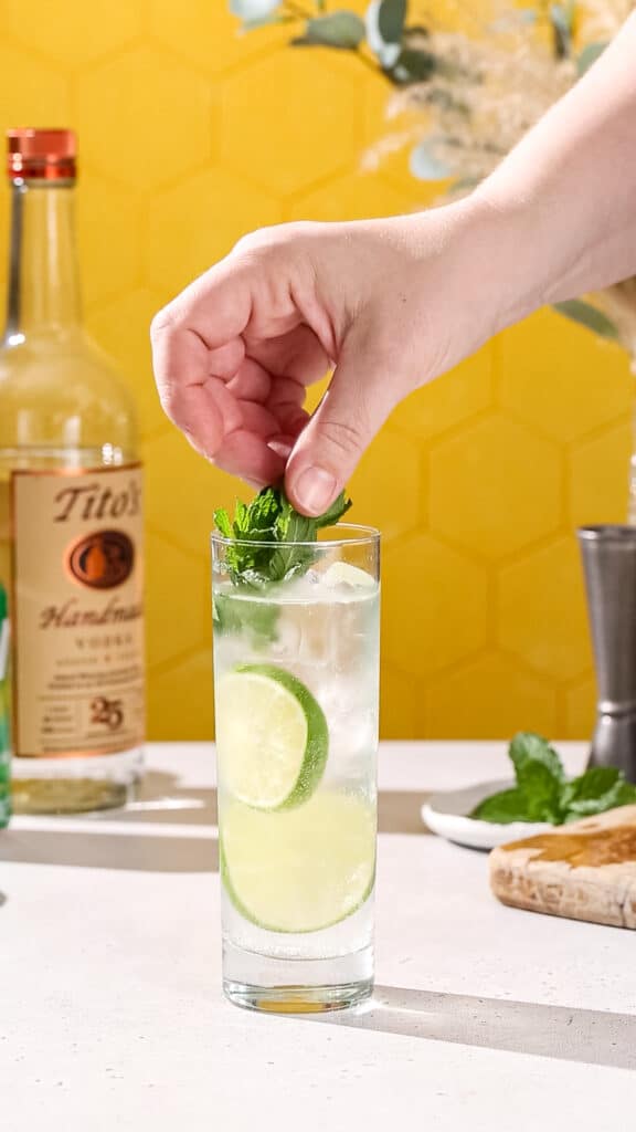 Hand adding a sprig of fresh mint to a cocktail glass.