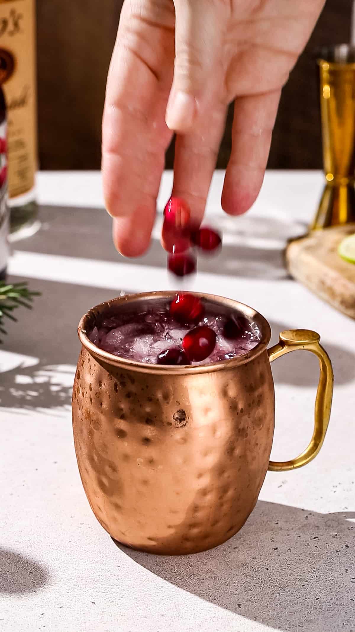 Hand adding fresh cranberries to the top of a Christmas Mule in a copper mug.