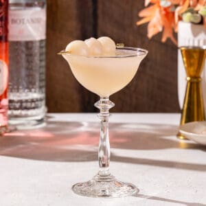 Side view of Lychee Gin Martini cocktail on a countertop. The drink is in a fancy coupe glass and garnished with three whole lychee fruit on a cocktail pick. Lychee liqueur, gin and a gold jigger are in the background.