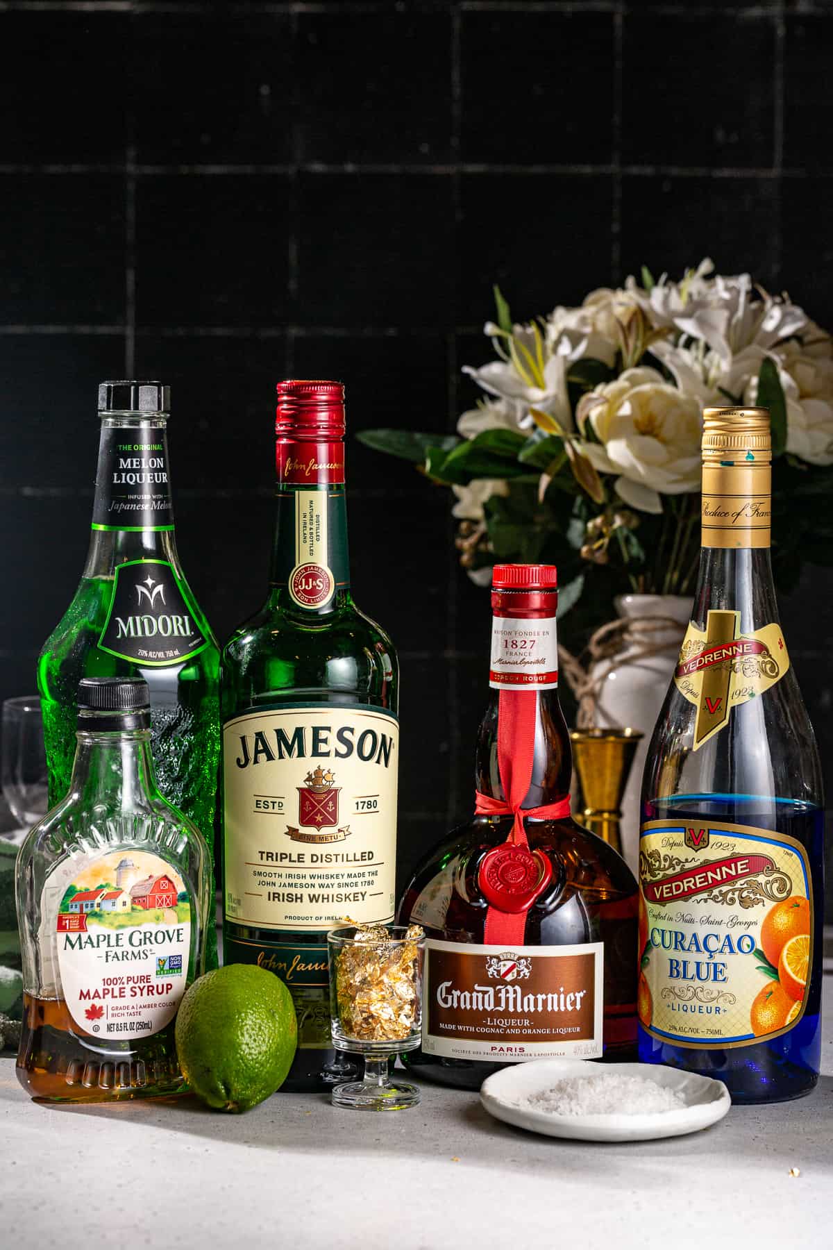 Ingredients to make an Irish Margarita together on a countertop.