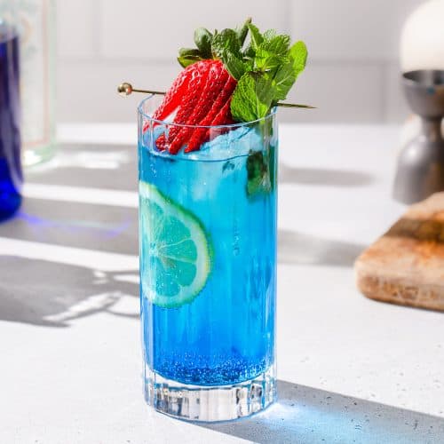 Blue Gin and Tonic with a strawberry, lemon and mint garnish in a highball glass.