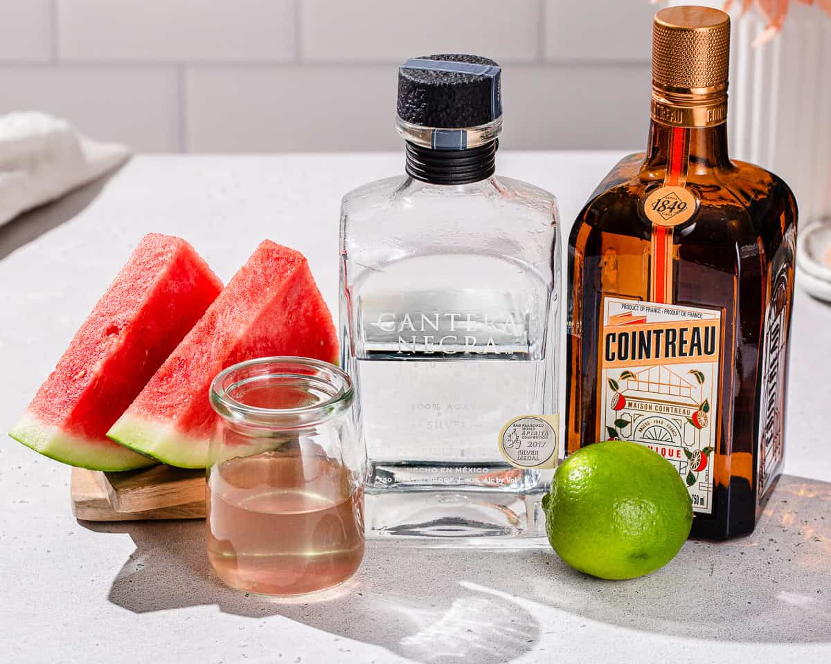 Ingredients to make a frozen Watermelon Margarita together on a countertop.