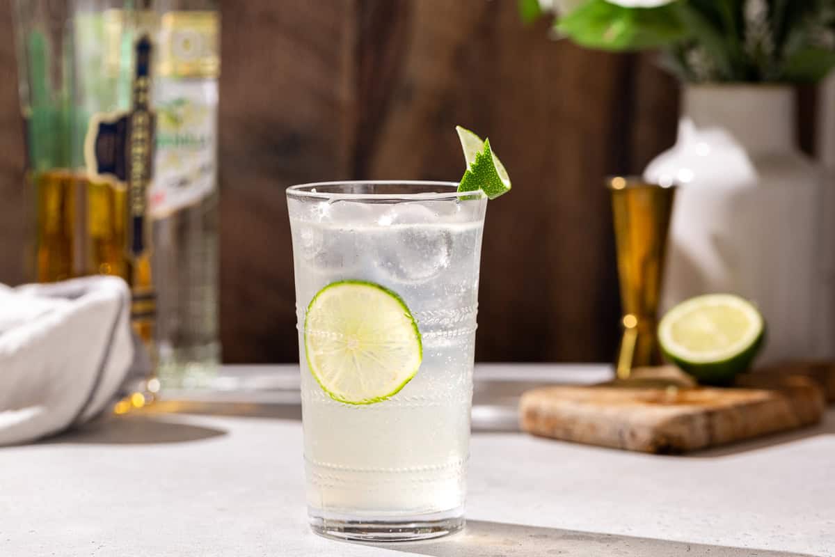 Side view of a Vanilla Lime cocktail with a lime wheel on the inside of the glass and a lime peel garnish on the rim of the glass. Bar tools and ingredients are in the background.