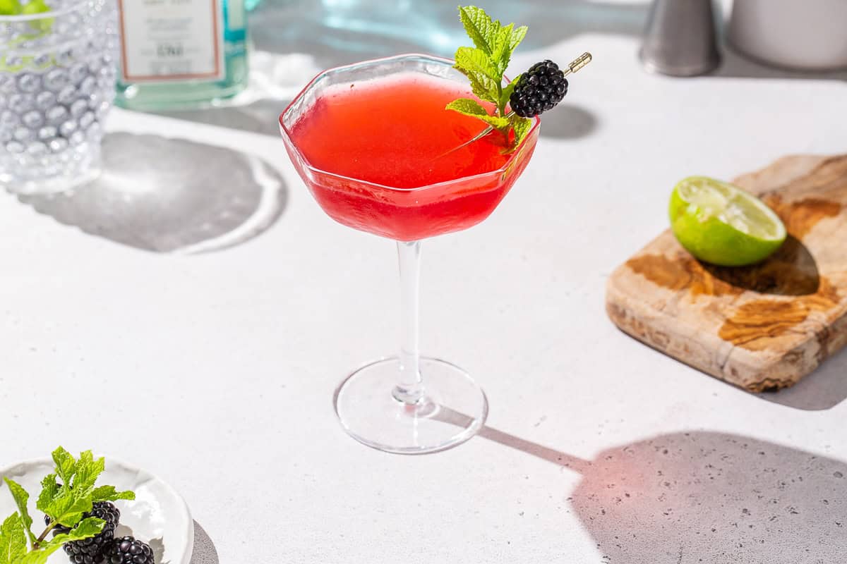 Blackberry Bergamot gin gimlet in a coupe glass. The drink has ingredients and bar tools all around it. It is red in color and has a fresh mint sprig and fresh blackberry on a pick as a garnish.