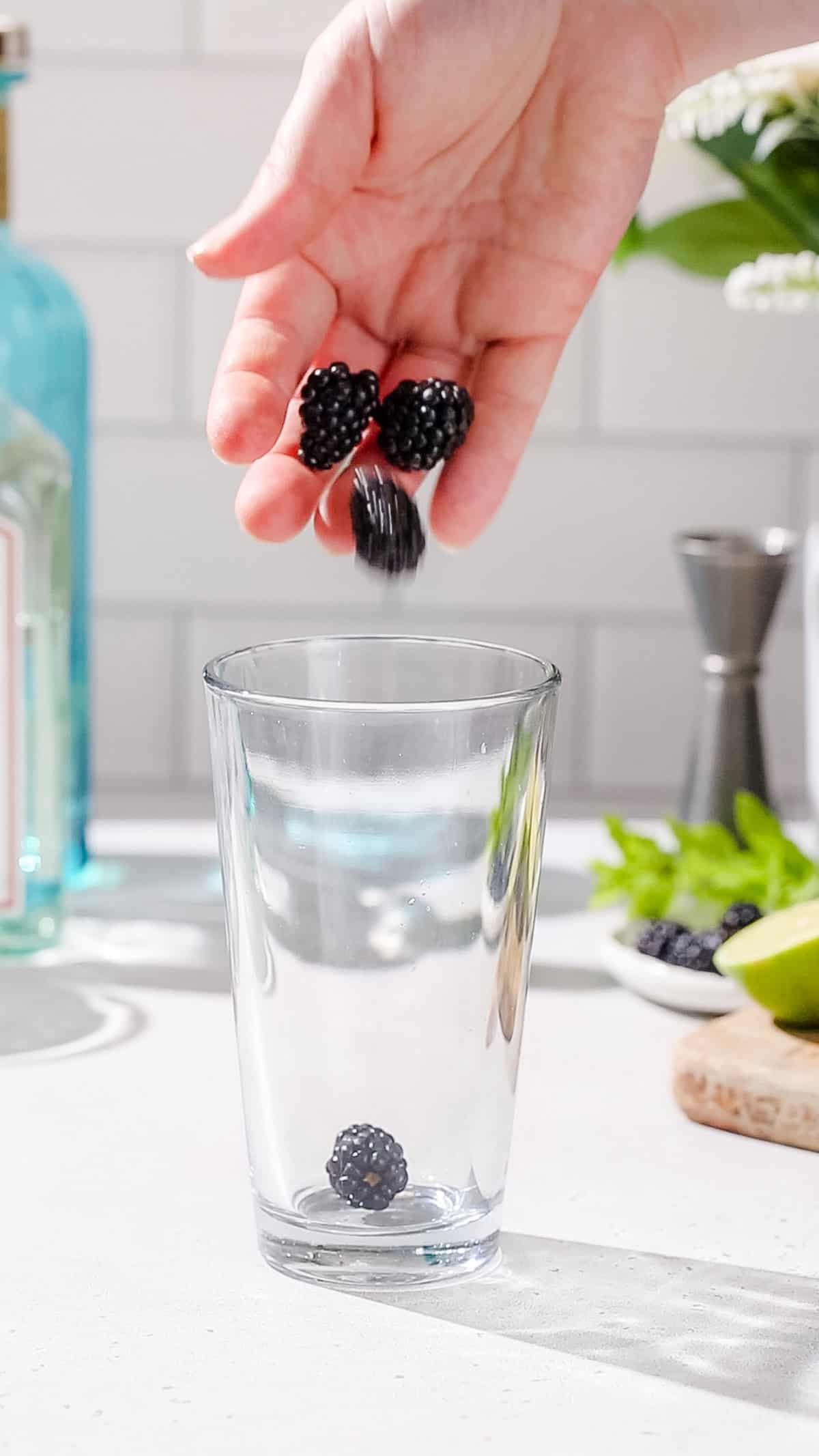 Hand adding fresh blackberries to a glass cocktail shaker.