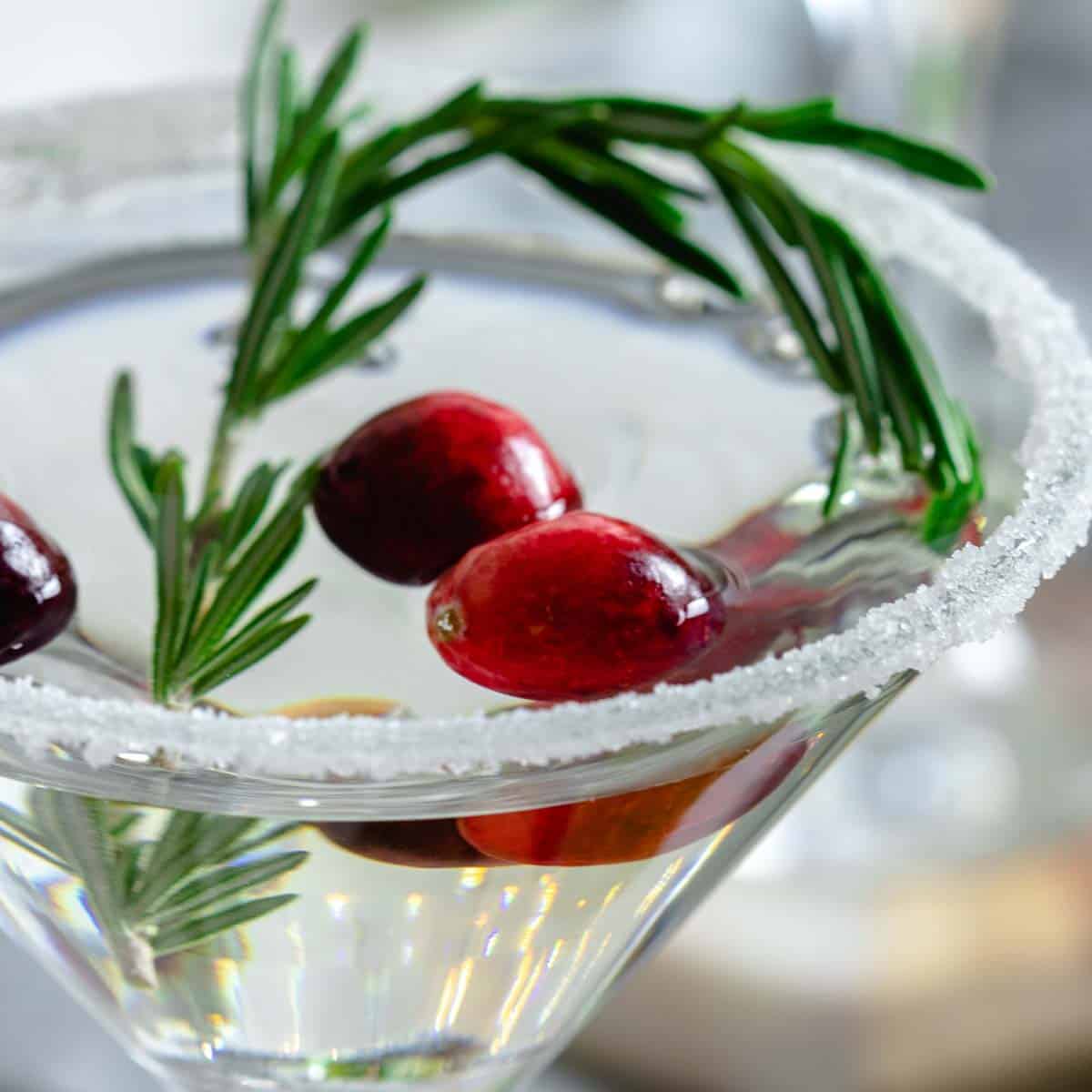 Close up of a martini glass with a sugared rim, with a clear liquid in it and garnished with cranberries and rosemary.