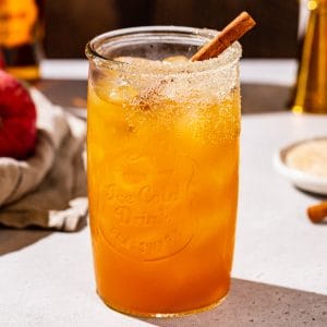 Side view of a large cocktail glass filled with a Fireball Apple Cider cocktail garnished with cinnamon sugar and a cinnamon stick.