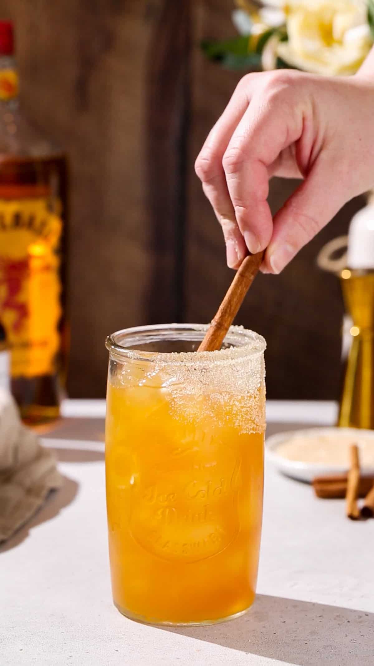 Hand adding a cinnamon stick to garnish a cocktail.