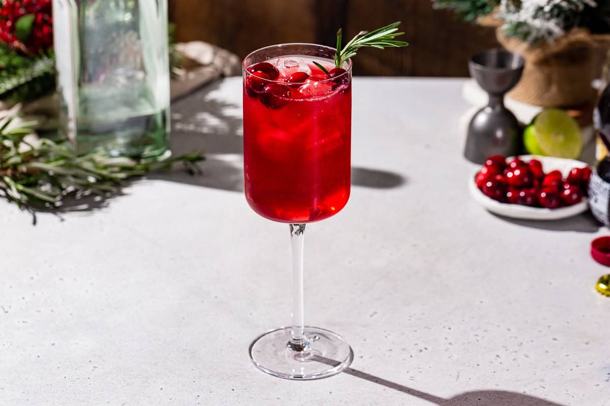 Red-colored Holiday Gin & Tonic cocktail on a countertop along with ingredients used to make the drink and Christmas decor.