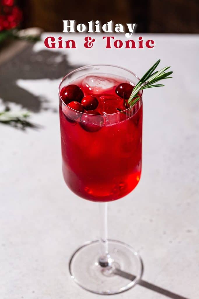 Overhead view of a Holiday gin and tonic in a square wine glass. The drink is red with cranberries and rosemary garnish. Text above the drink says “Holiday Gin & Tonic” in bold letters.