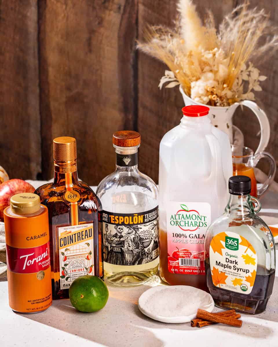 Ingredients to make a Thanksgiving Margarita together on a countertop.