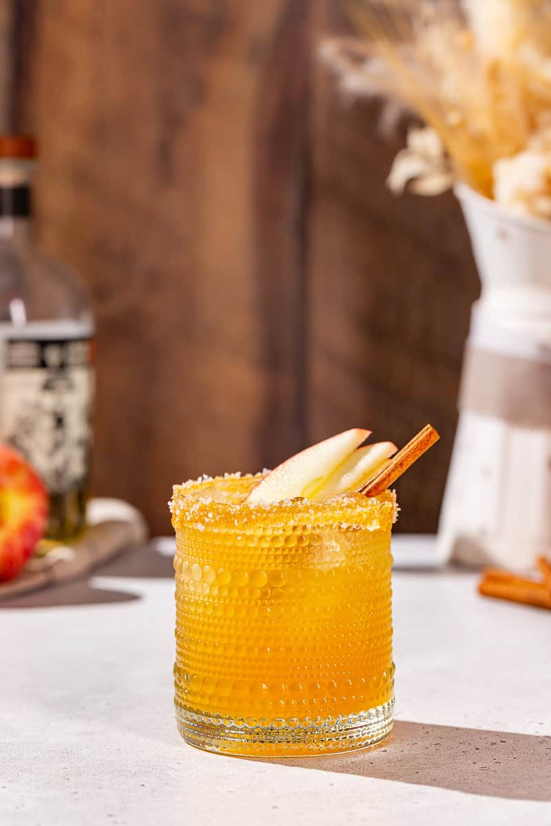 Thanksgiving Margarita cocktail in an old fashioned cocktail glass with a cinnamon stick and apple slice garnish.