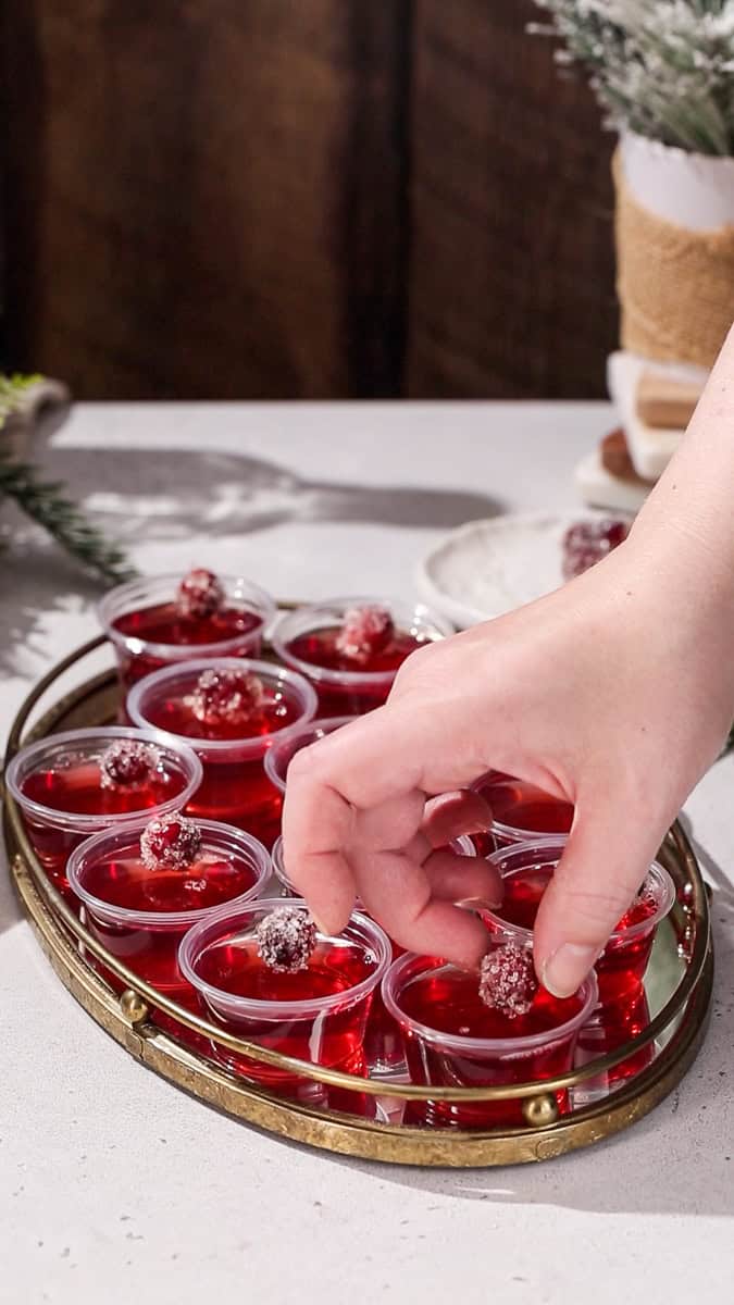 Hand adding a sugared cranberry to a Cranberry Christmas Jello Shot.